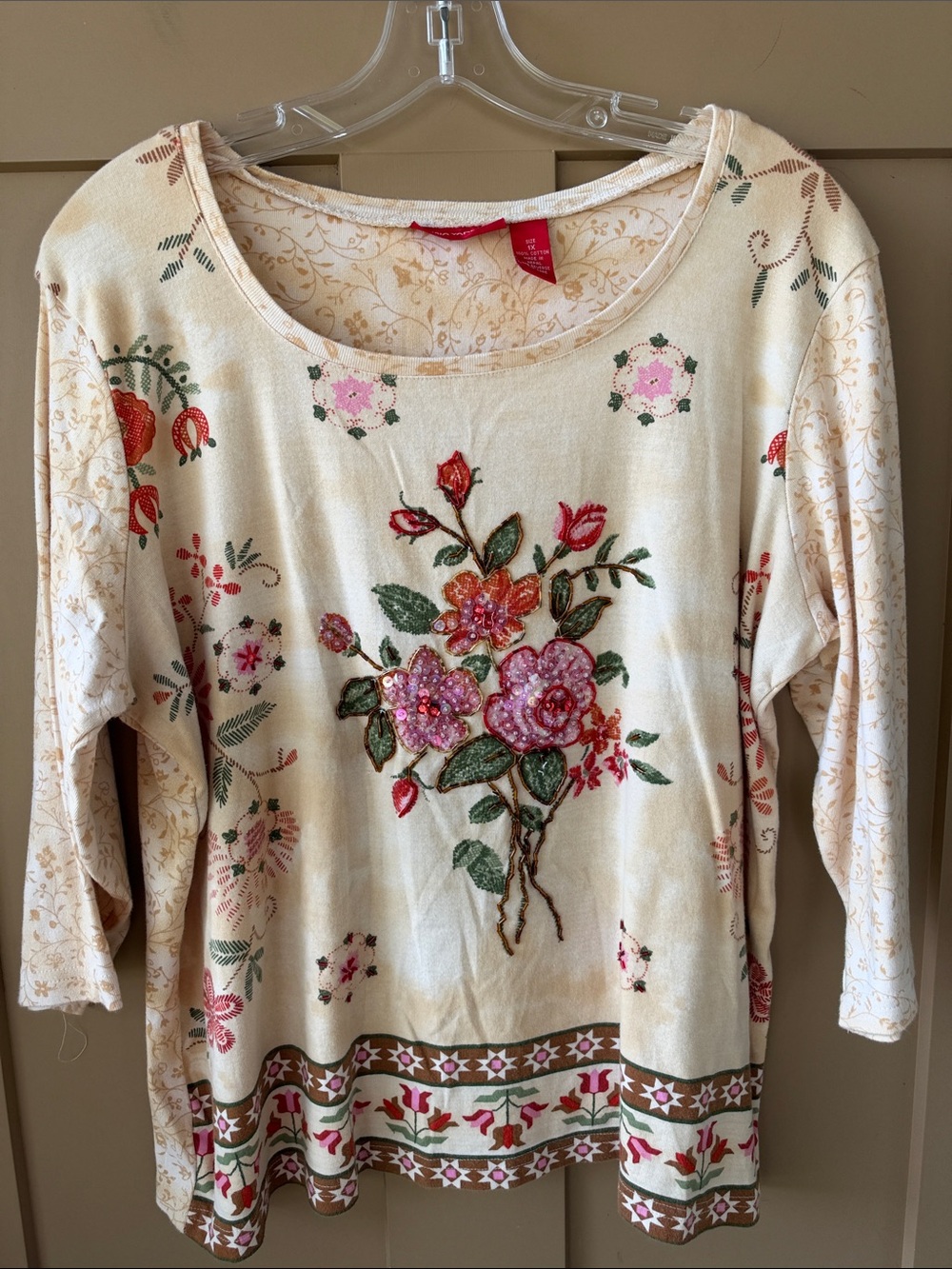 Gloria Vanderbilt 1X Vtg Cream Floral Embroidered Scoop Neck Tunic Rose Motif
